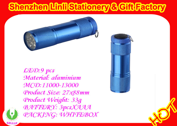 aluminium blue color 9 LED  flashlight mini torch light  with 3pcs*AAA battery